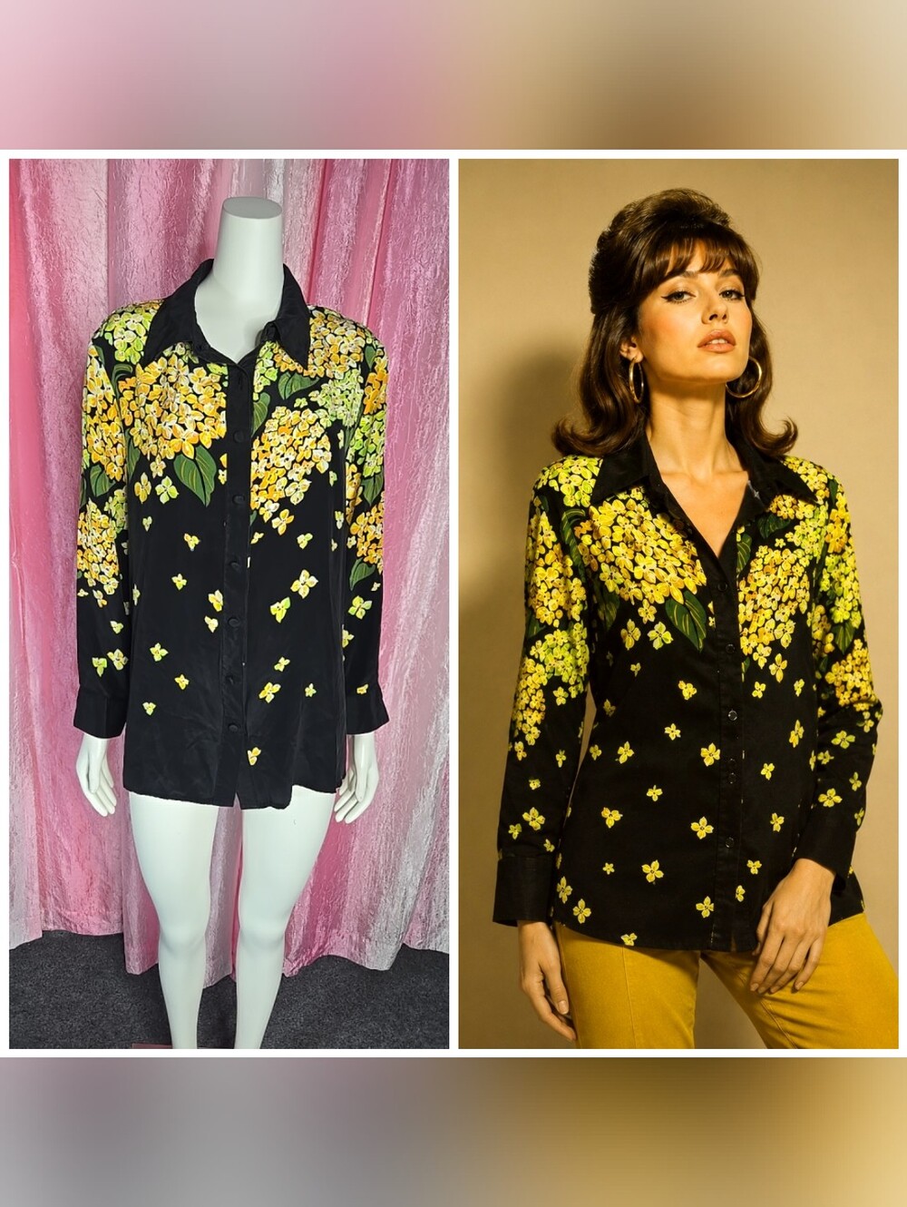 80's Bob Mackie Black Yellow Flower Silk Vintage Beaded Blouse Size Large